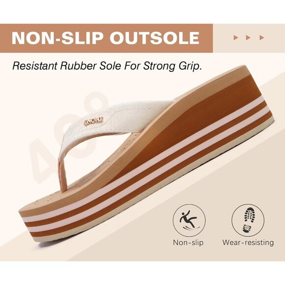 🆕 Women’s Beige Platform Flip Flops Summer Sandals Arch Support Vegan Leather - Picture 6 of 7